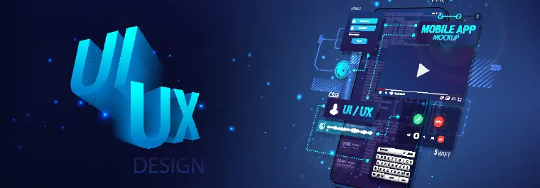 application screens illustration and UI UX text on a dark blue background